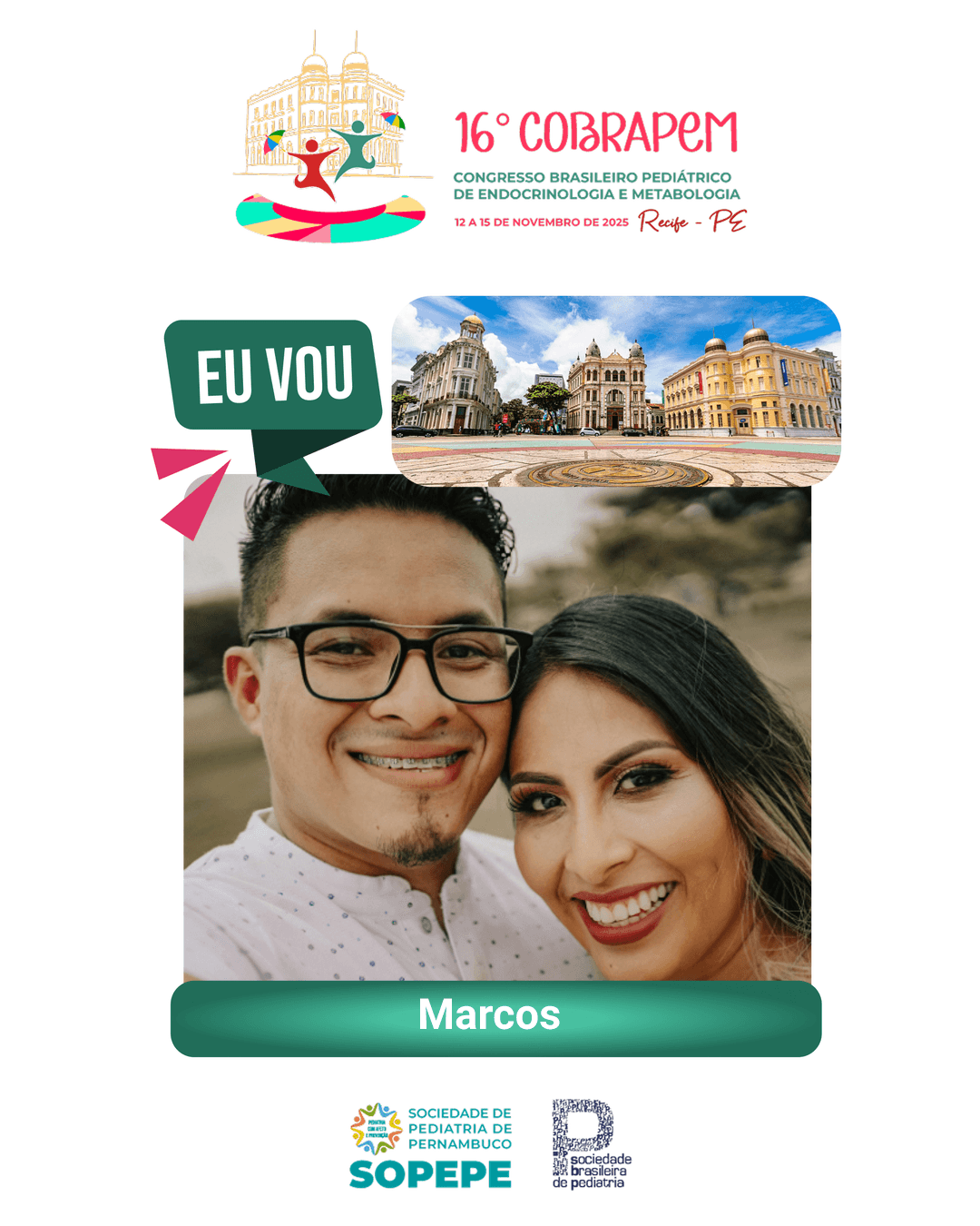Exemplo de foto personalizada gerada pelo Frames - Dr. Marcos no 16° COBRAPEM com 500+ compartilhamentos